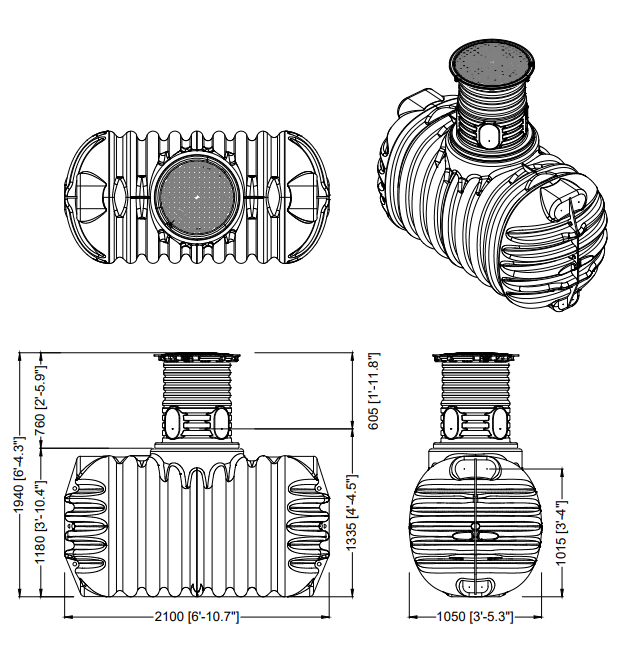 Schéma technique d'un réservoir d'eau souterrain avec des dimensions précises, montrant plusieurs vues (de face, de côté et de dessus). Les dimensions sont indiquées en millimètres et en pouces, incluant une longueur totale de 2100 mm, une hauteur de 1335 mm, et une largeur de 1050 mm.